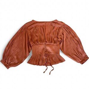 Free People Pink Balloon Sleeve Corset Inspired Romantic Feminine Boho Blouse